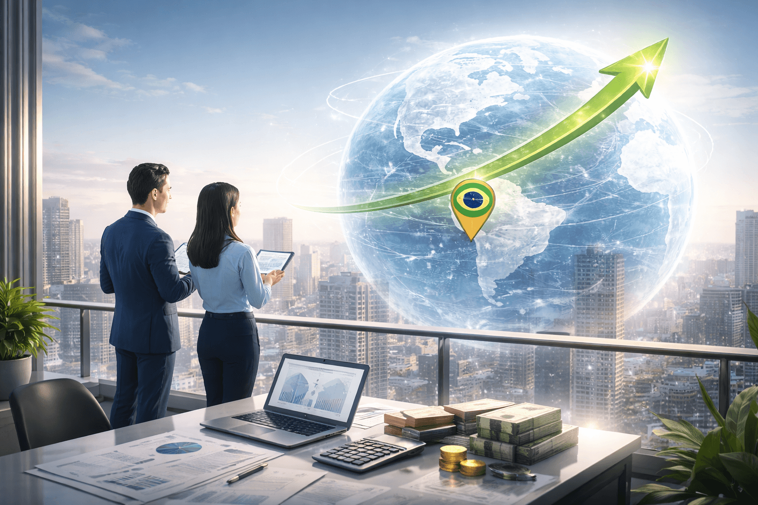 Ilustracao de visao global com conexoes internacionais