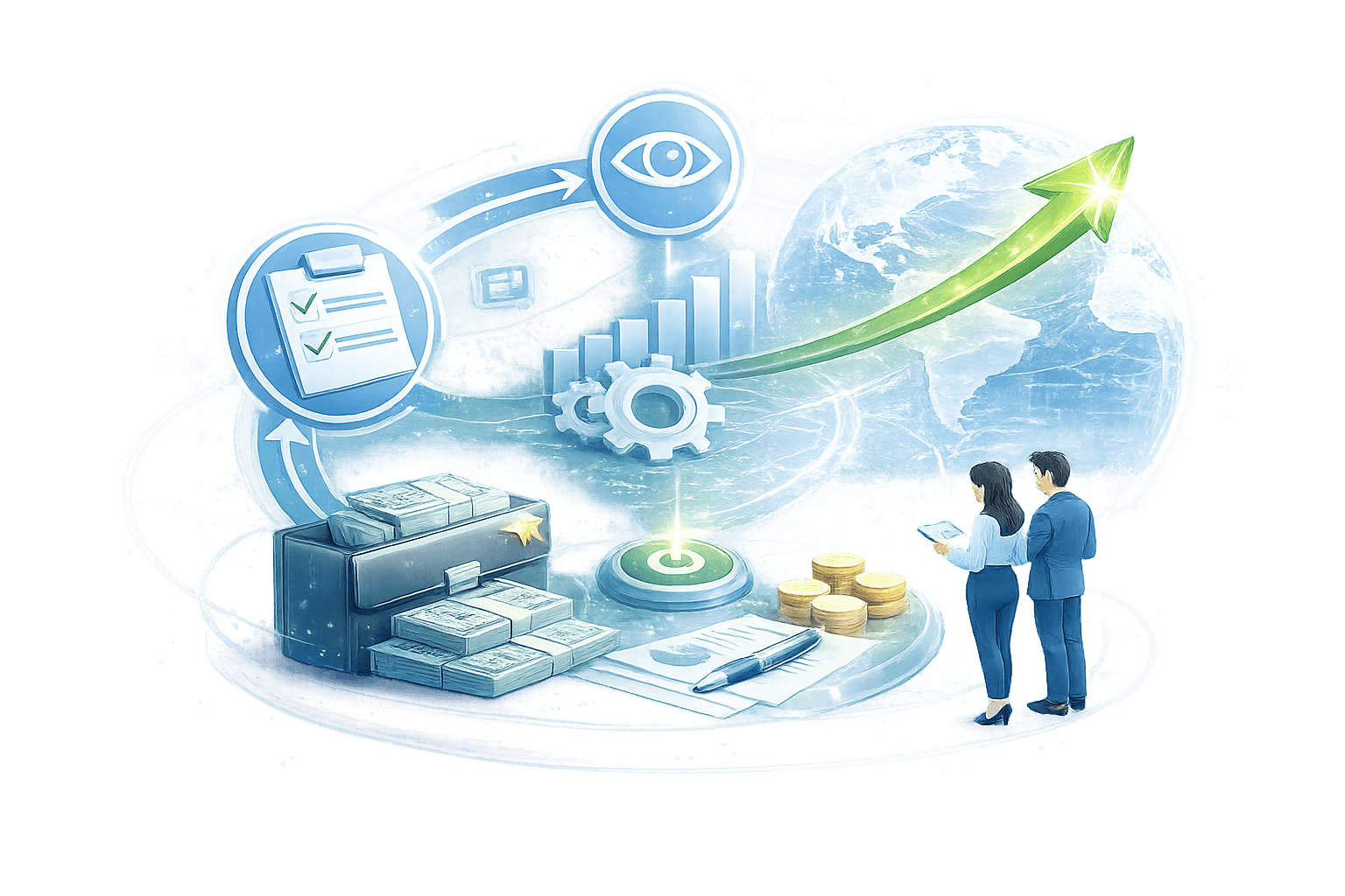 Ilustracao de interface estrategica com indicadores e conexoes entre operacao e negocio